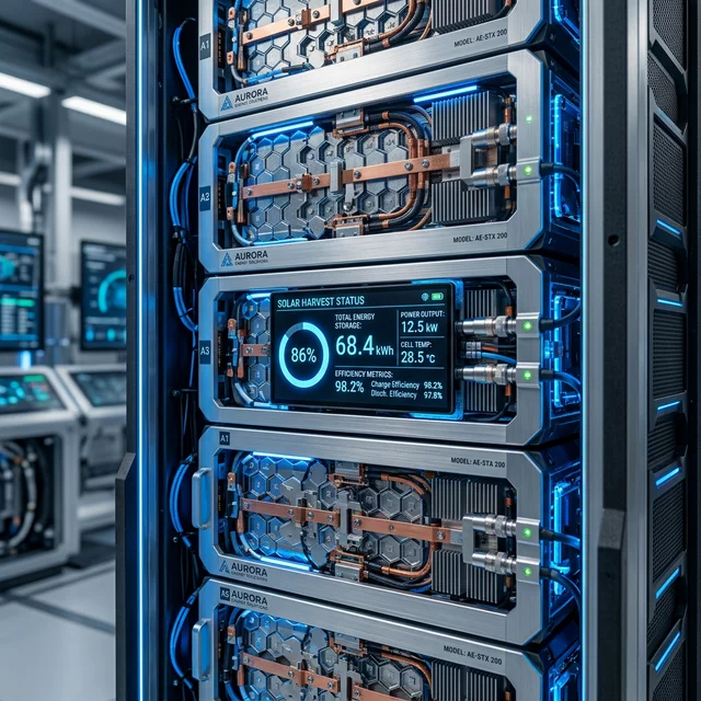 Primer plano de tecnología interna de baterias solares de litio de alta eficiencia