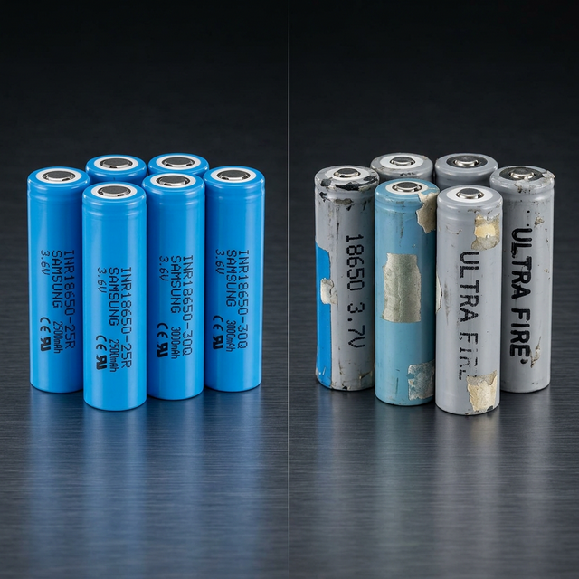 Infografía comparativa técnica de celdas Samsung originales vs celdas de litio genéricas