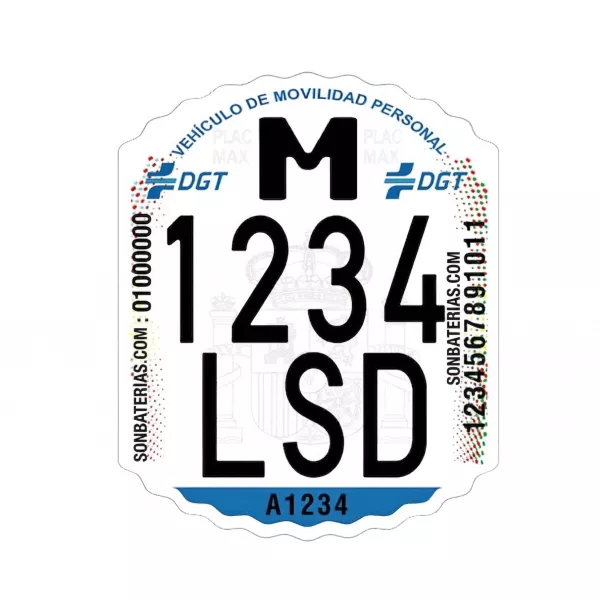 Placa de matrícula oficial VMP para patinete eléctrico homologada por la DGT con número de registro grabado a láser
