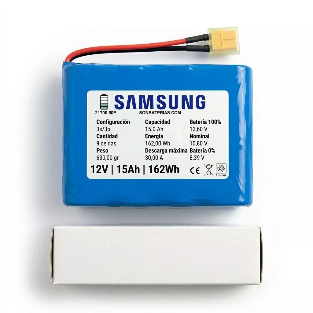 Detalle de batería de ion litio 12V 15Ah compacta y ligera para vehículos infantiles eléctricos en SonBaterias